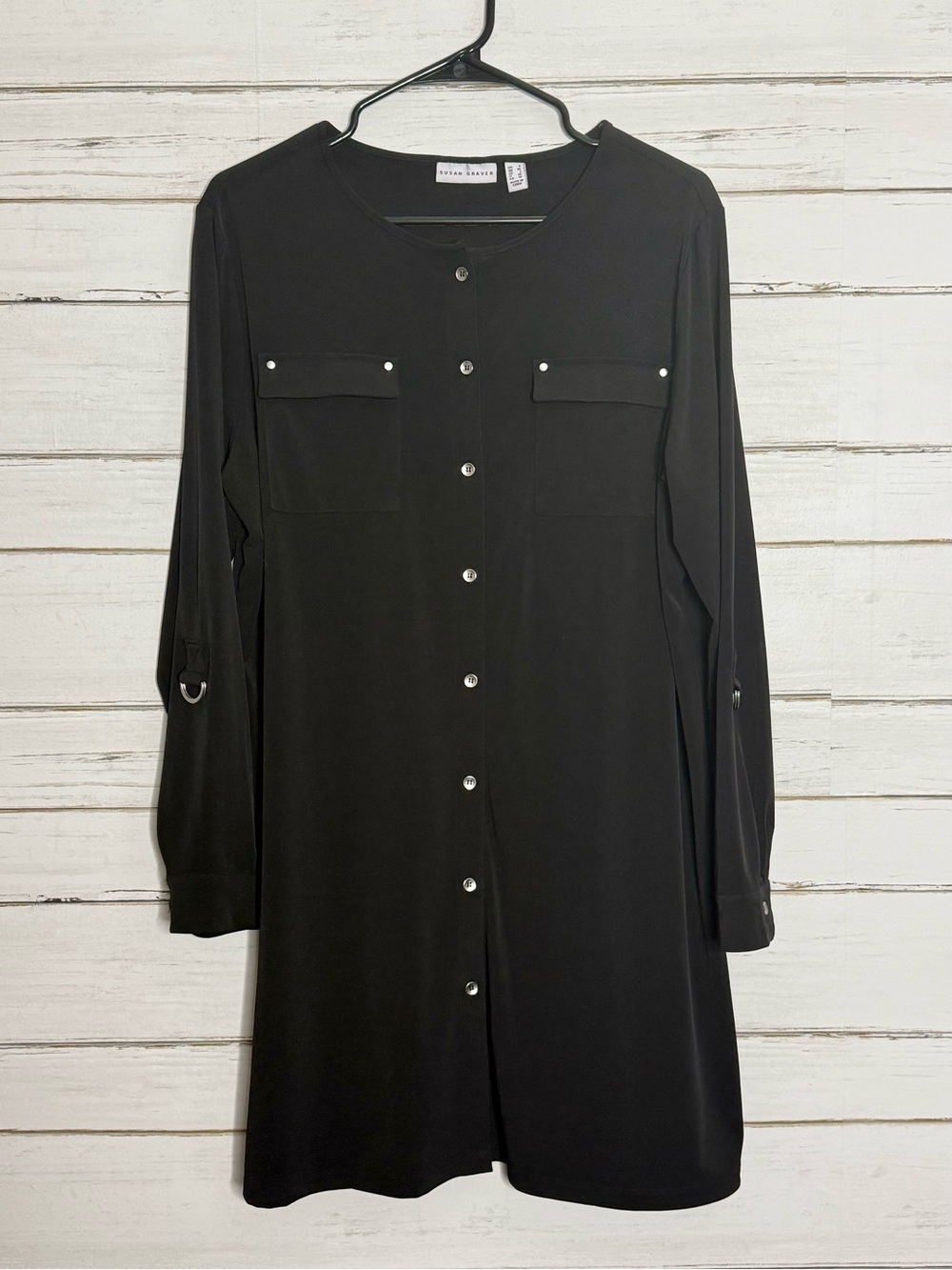 Susan Graver Black Button Front Long Tunic Top